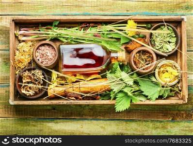 Set of fresh and dry healing herbs and medicinal plants.Healing herbs in a wooden box.Top view. Healing herbs,roots and extracts in herbal medicine