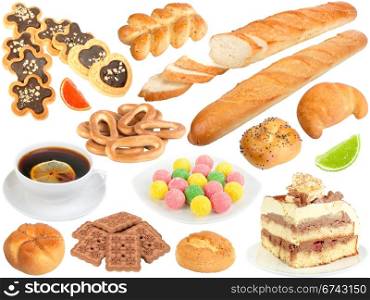 Set of fresh bread and sweets. Isolated on white background. Close-up. Studio photography.