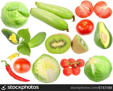 Set of fresh fruits and vegetables. Isolated on white background. Close-up. Studio photography.