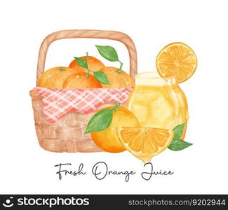 set of fresh homemade orange juice with fruits composition watercolour illustration vector banner isolated on white background.