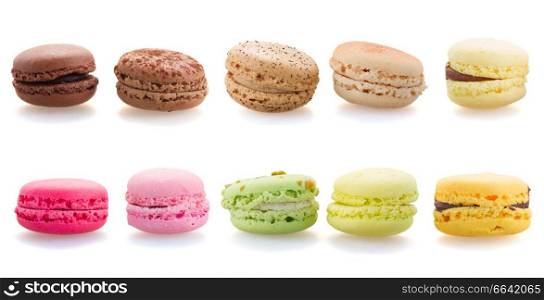 Set of Fresh macaroons  in a row against white background