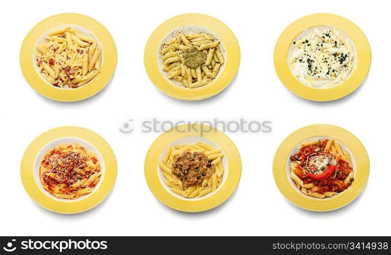 Set of fresh pasta meal isolated on white background