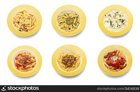 Set of fresh pasta meal isolated on white background