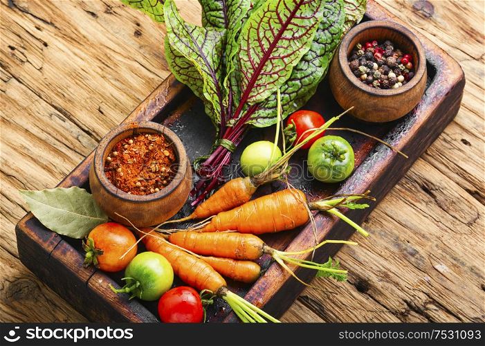 Set of fresh raw vegetables for diet salad.Salad ingredients.. Fresh vegetables on wooden table