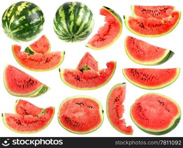 Set of fresh slices and full a ripe watermelons. Close-up. Isolated on white background. Studio photography.