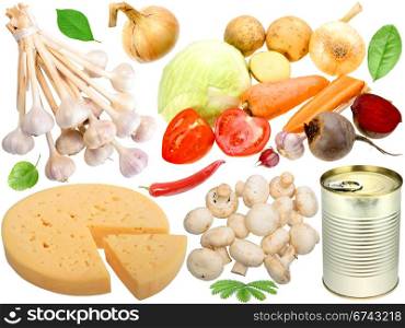 Set of fresh vegetables and other food. Isolated on white background. Close-up. Studio photography.