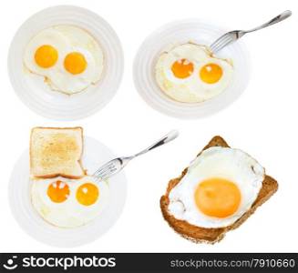 set of fried eggs on white plate isolated on white background
