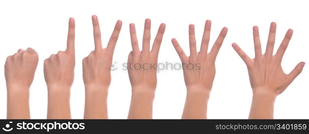set of front woman hands counting from zero to five (isolated on white background)