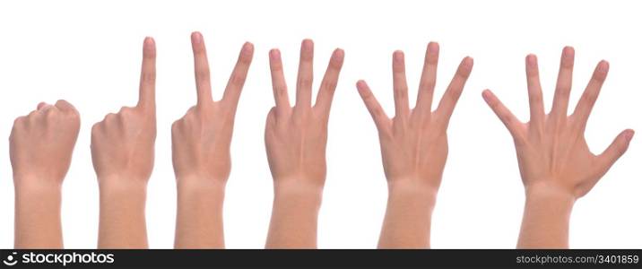 set of front woman hands counting from zero to five (isolated on white background)