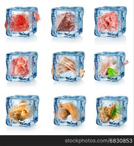 Set of frozen meat isolated on white background