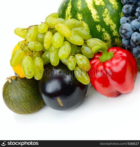 Set of fruit and vegetable isolated on white background. Free space for text.
