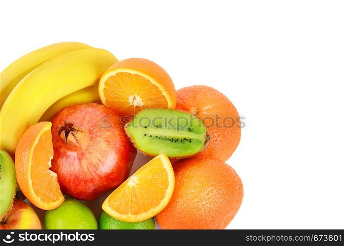 Set of fruits isolated on white background. Healthy food. Flat lay, top view. Free space for text.