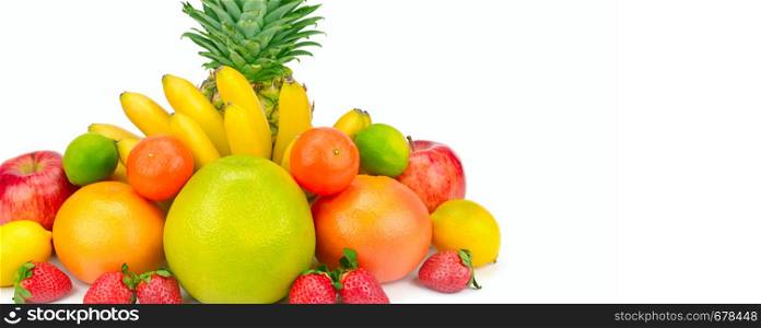 Set of fruits isolated on white background. Healthy food. Wide photo. Free space for text.