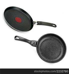 Set of frying pans isolated on white background. Collage.