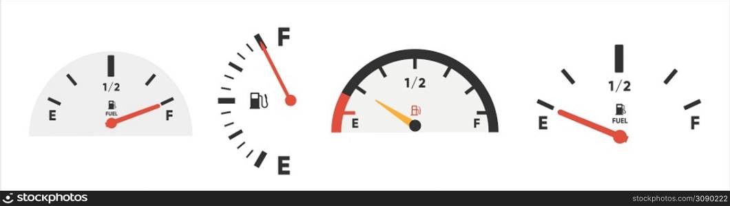 Set of Fuel gauge scales. Fuel meter. Fuel indicator. Gas tank gauge. Oil level tank bar meter. Collection Fuel gauge speedometer isolated on a white background. Set of Fuel gauge scales. Fuel meter. Fuel indicator. Gas tank gauge. Oil level tank bar meter. Collection Fuel gauge speedometer isolated on a white