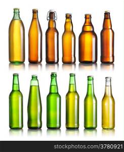 Set of full beer bottles with no labels isolated on white