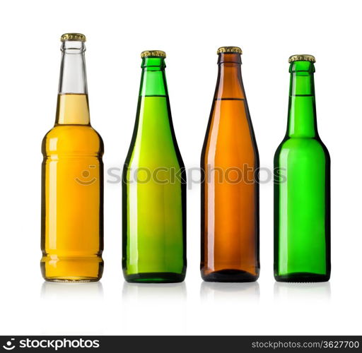 Set of full beer bottles with no labels isolated on white background