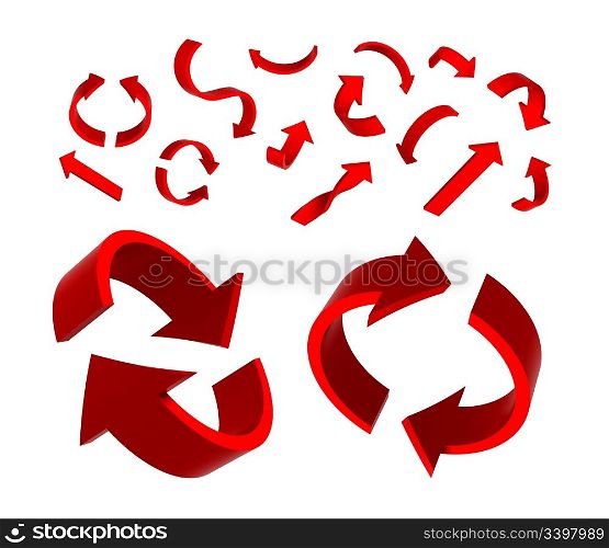 Set of glossy arrow icons for web design on white background. 3D render