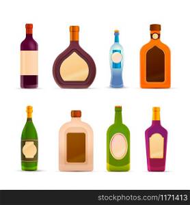 Set of glossy icons of bottles with alcohol isolated on white. Set of glossy icons of bottles with alcohol on white