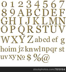 set of gold alphabet symbols - uppercase and lowercase letter