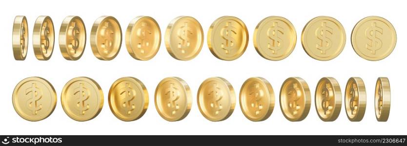 Set of golden dollar coin in different shape on white background. 3d rendering illustration.