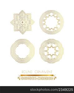 Set of golden round frames. Ornamental gold circle frames. Filigree frame. Ornate label for design. Vintage round golden pattern