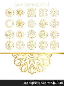 Set of golden round frames. Ornamental gold circle frames. Filigree frame. Ornate label for design. Vintage round golden pattern