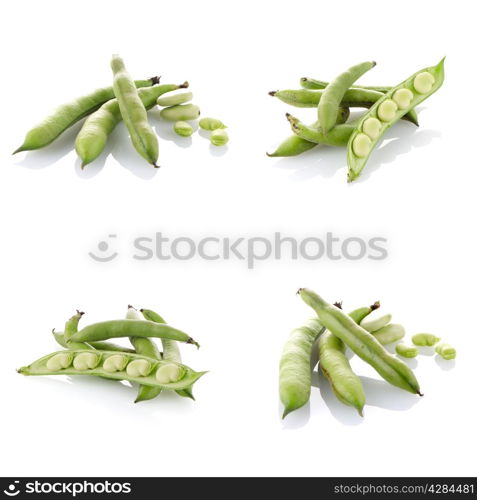 Set of green bean pods on white background.