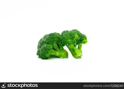 Set of green broccoli (Brassica oleracea). Vegetables natural source of betacarotene, vitamin c, vitamin k, fiber food, folate. Fresh broccoli cabbage isolated on white background with copy space.