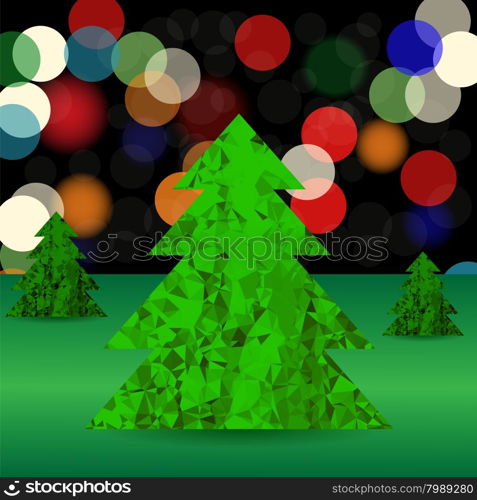 Set of Green Polygonal Trees on Blurred Background. Green Pines. Set of Green Polygonal Trees