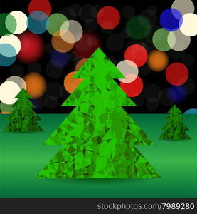 Set of Green Polygonal Trees on Blurred Background. Green Pines. Set of Green Polygonal Trees