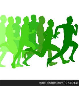 Set of green silhouettes. Runners on sprint, men. vector illustration.