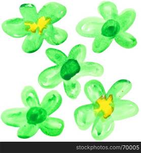 Set of green watercolor flowers isolated over the white background