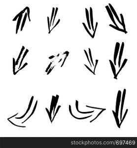 Set of grunge arrows isolated on white background. Vector ink brush signs.