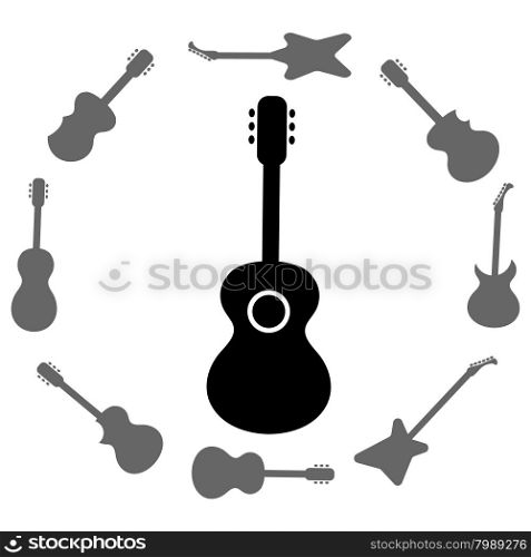 Set of Guitars Silhouettes Isolated on White Background. Guitar Frame.. Set of Guitars Silhouettes