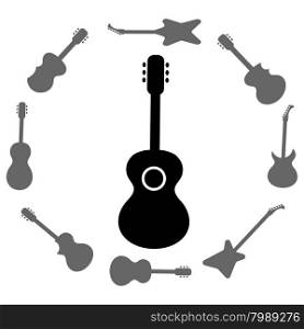Set of Guitars Silhouettes Isolated on White Background. Guitar Frame.. Set of Guitars Silhouettes