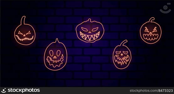 Set of Halloween pumpkins with scary glowing faces. Vector flat style illustration for design poster, banner, print