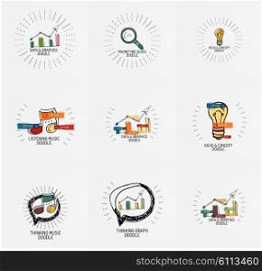 set of hand drawn design elements in circles - magnifier, music note light bulb, speech bubble and other