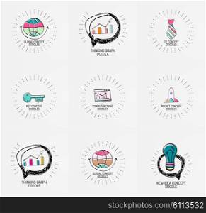set of hand drawn design elements in circles - magnifier, music note light bulb, speech bubble and other