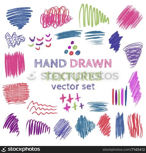 Set of hand drawn design elements. Vector collection of color ink abstract textures.. Set of hand drawn design elements. Vector collection of color pencil and ink abstract textures.