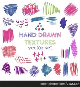 Set of hand drawn design elements. Vector collection of color ink abstract textures.. Set of hand drawn design elements. Vector collection of color pencil and ink abstract textures.