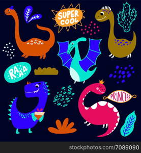 Set of hand drawn funny dinosaurs. Sketch Jurassic reptiles. Dino characters. Can be used for a child cards textile and fabric.