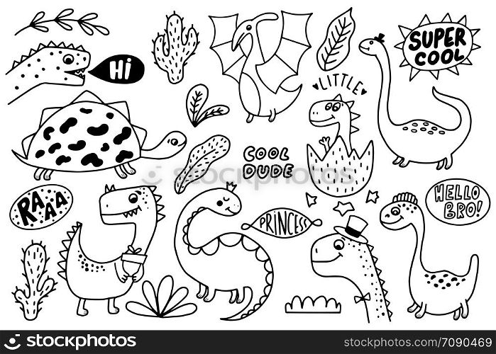 Set of hand drawn funny dinosaurs. Sketch Jurassic reptiles. Dino characters. Can be used for a child cards, textile and fabric.