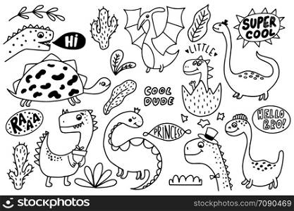 Set of hand drawn funny dinosaurs. Sketch Jurassic reptiles. Dino characters. Can be used for a child cards, textile and fabric.