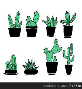 Set of hand drawn green cacti with black pots on white background in minimalistic scandinavian style. Perfect for fabric, textile, print, banner.