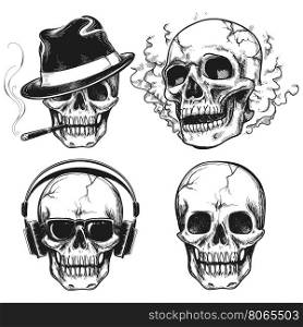 Set of hand drawn skulls. Set of hand drawn skulls isolated on white background. Vector illustration