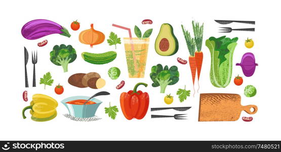 Set of hand drawn vegetables, vegetarian food, juice, soup. Vector illustration on white background. Delicious colorful vegetables with hand drawn unique texture.. Happy world vegetarian day. Vector illustration with hand drawn unique textures.