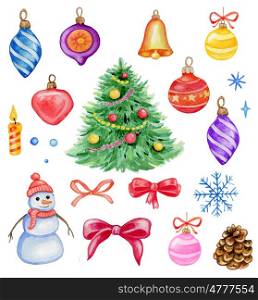 Set of hand drawn watercolor Christmas design elements on a white background