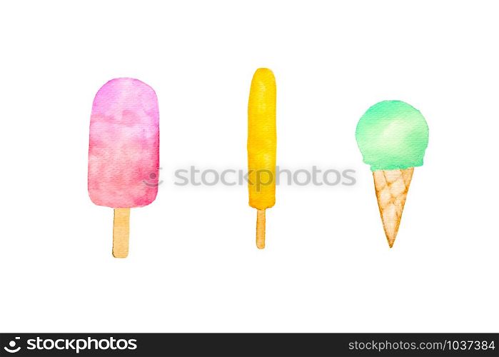 Set of hand drawn watercolor ice cream isolated on white background. Watercolor illustration for summer sweet restaurant menu