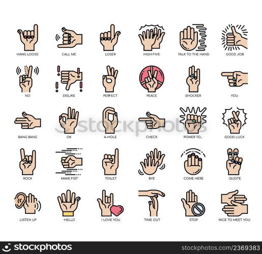 Set of Hand gesture thin line icons for any web and app project.